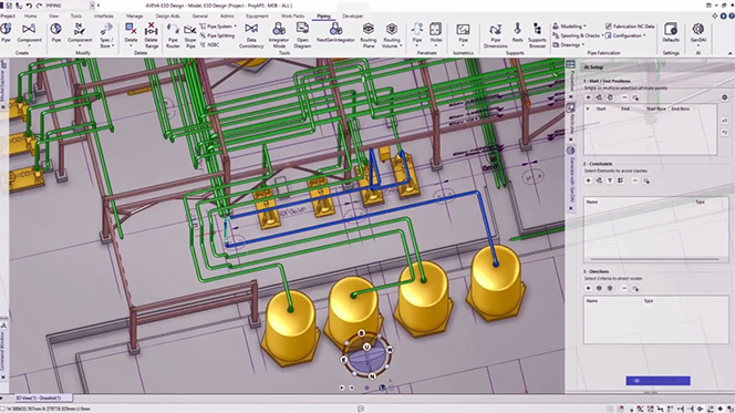 The auto-route piping capabilities of AVEVA Unified Engineering can automatically route one pipeline or multiple pipelines simultaneously.