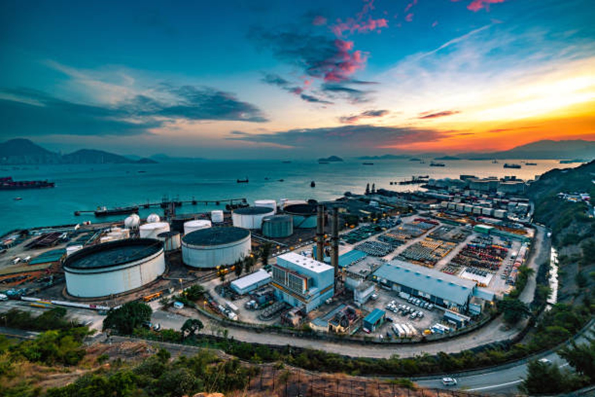 An LNG plant and infrastructure near water