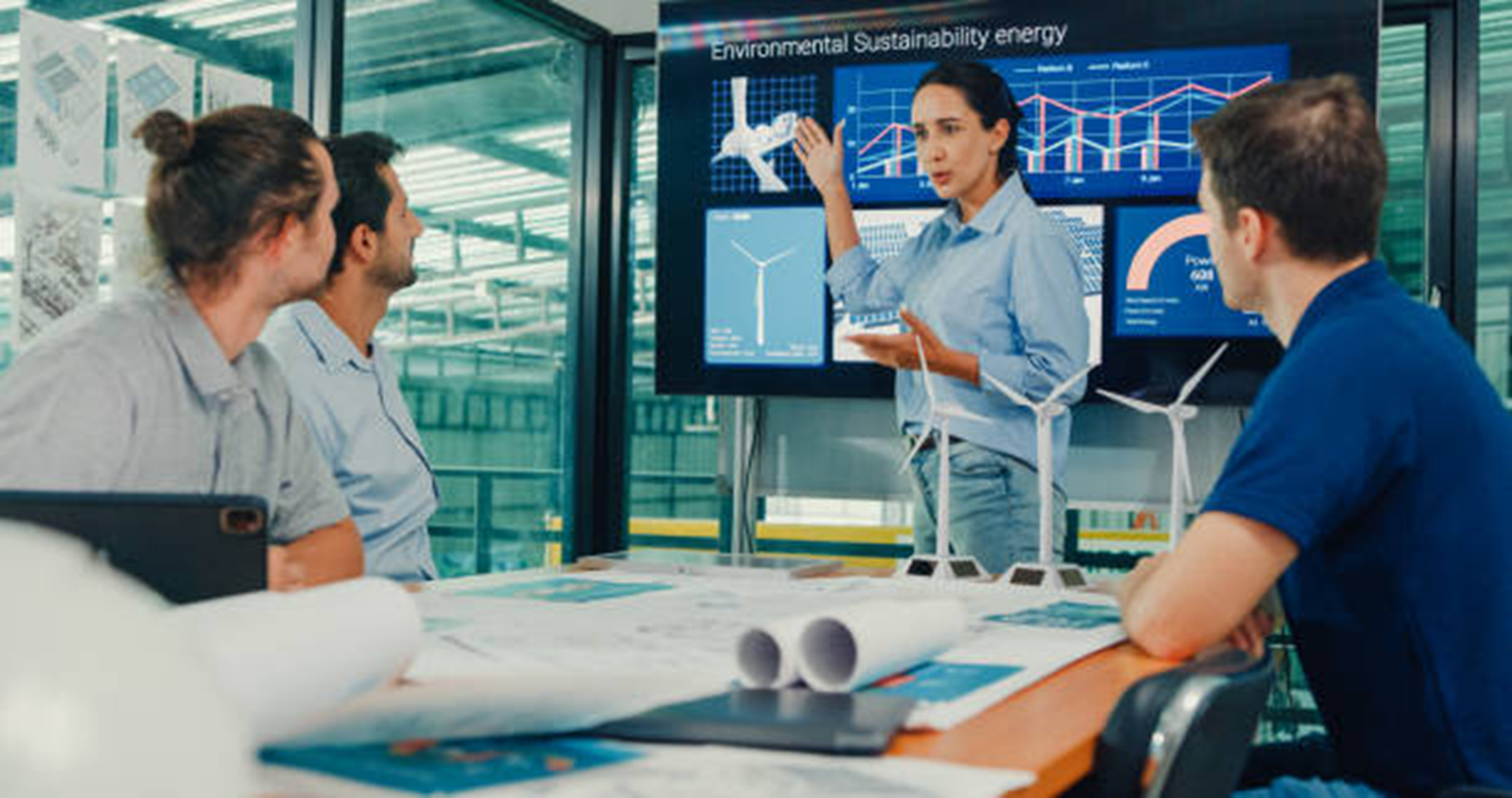 A woman stands in front of a screen pointing to the image of a turbine with some charts in front of a group sitting at a conference table
