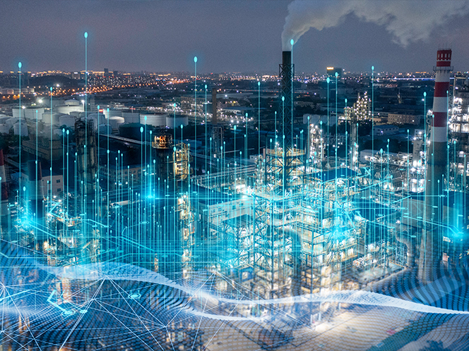 a refinery with a digital overlay of a web of interconnected light