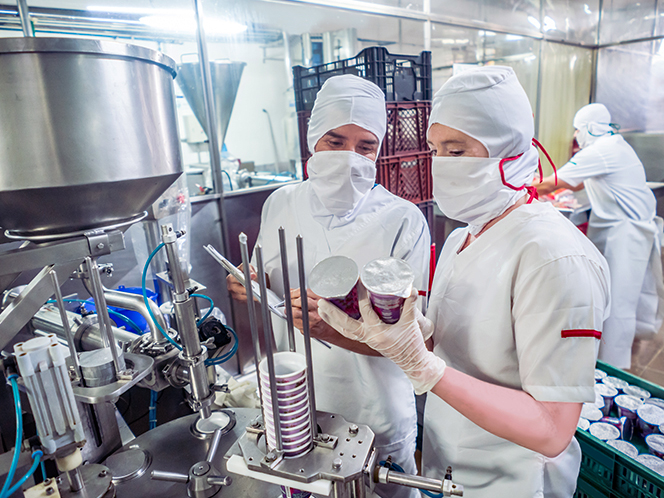 two workers in sanitary gear taking measurements with yogurt containers in their hands in front of a stainless steel tank