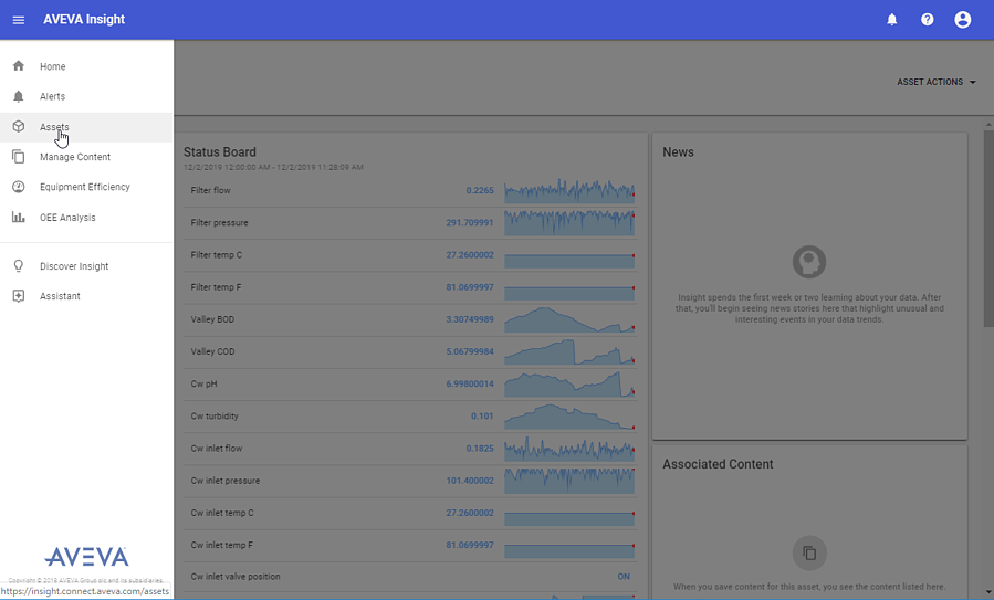 You can also view Asset Pages using the Insight menu, top left of the AVEVA Insight cloud experience